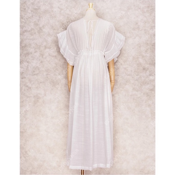 White Boho Deep V Open Back Maxi Cover Up Dress w/ Pockets - Picture 12 of 13